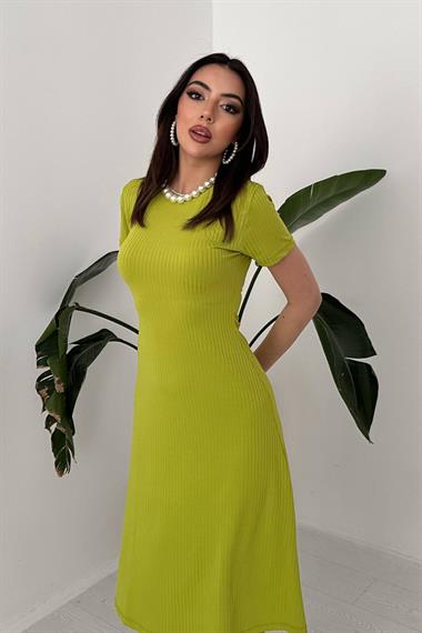 Toptan Yeşil Basic Fitilli Midi Elbise