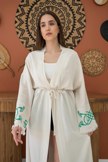 Wholesale Green Print Detail Linen Cardigan