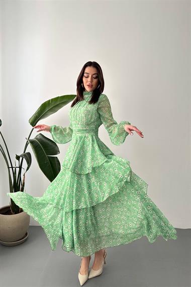 Toptan Yeşil Bel Detaylı Elbise