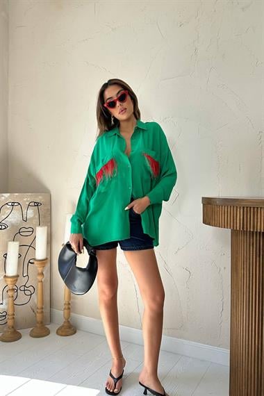 Toptan Yeşil Cepli Püsküllü Gömlek