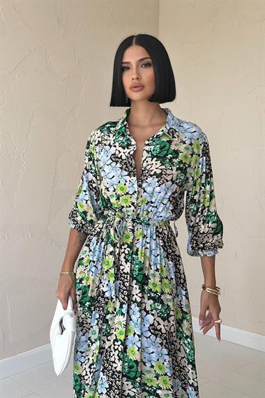 Toptan Yeşil Çiçek Desenli Kemerli Elbise