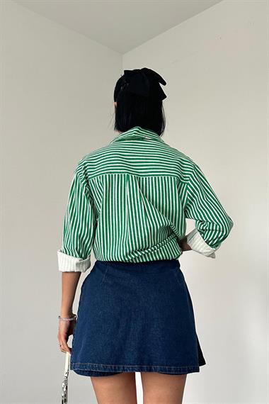 Wholesale Green Striped Gabardine Slit Single Pocket Shirt