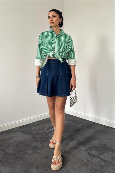 Wholesale Green Striped Gabardine Slit Single Pocket Shirt