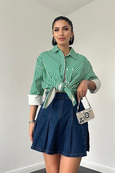 Wholesale Green Striped Gabardine Slit Single Pocket Shirt