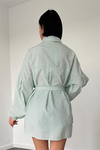 Toptan Yeşil Çizgili Poplin Kuşaklı Gömlek