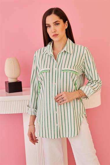 Toptan Yeşil Çizgili Taşlı Gömlek