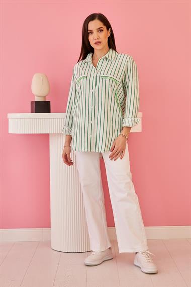 Toptan Yeşil Çizgili Taşlı Gömlek
