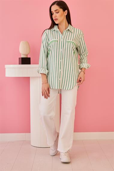 Toptan Yeşil Çizgili Taşlı Gömlek