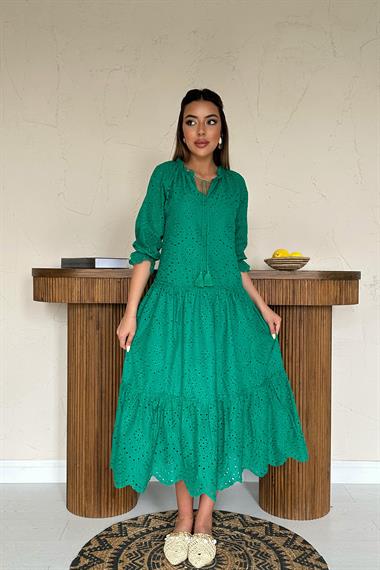 Toptan Yeşil Dantelli New Elbise