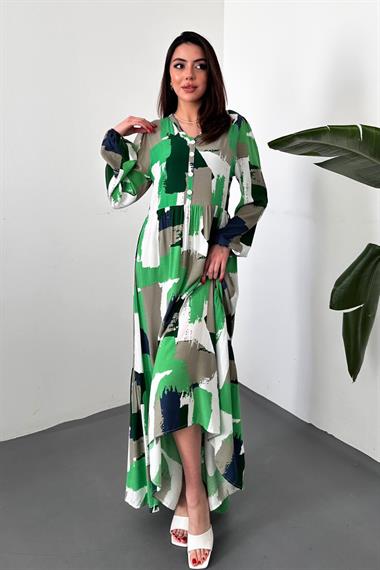 Toptan Yeşil Desenli Elbise