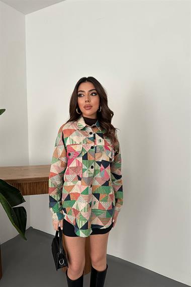 Toptan Yeşil Desenli Kapitone Cepli Gömlek