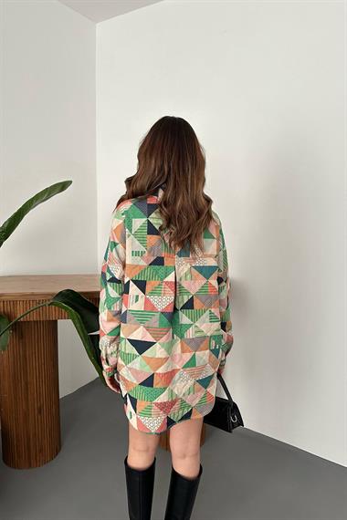 Toptan Yeşil Desenli Kapitone Cepli Gömlek