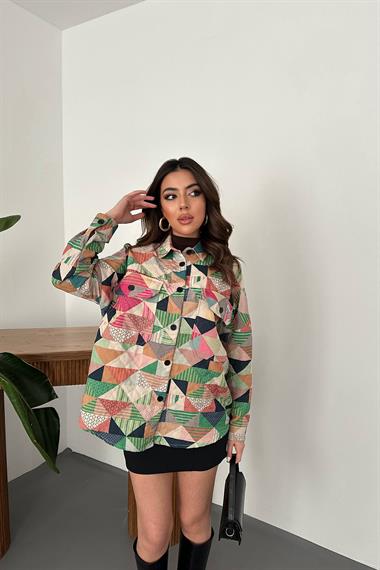 Toptan Yeşil Desenli Kapitone Cepli Gömlek