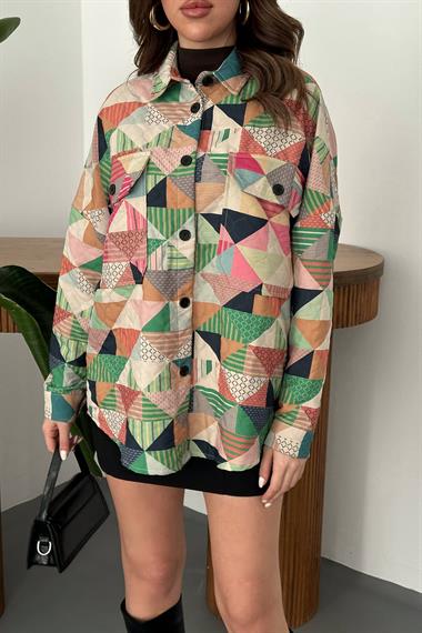 Toptan Yeşil Desenli Kapitone Cepli Gömlek