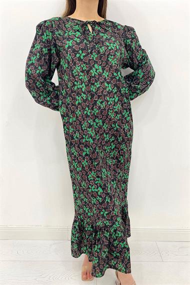 Toptan Yeşil Desenli Poplin Elbise