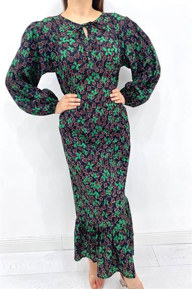 Toptan Yeşil Desenli Poplin Elbise