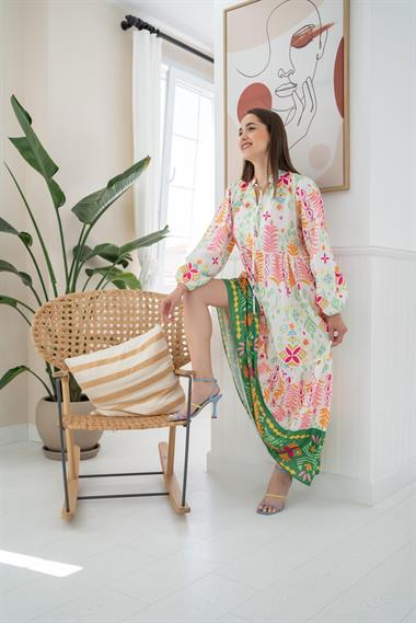 Toptan Yeşil Desenli Salaş Elbise