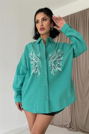Wholesale Green Patterned and Stoned Shirt