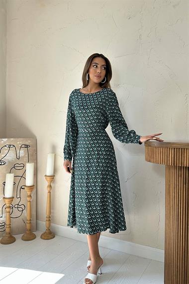 Toptan Yeşil Dökümlü Desenli Elbise