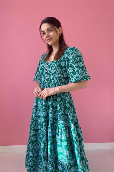 Toptan Yeşil Düğmeli Brode Elbise