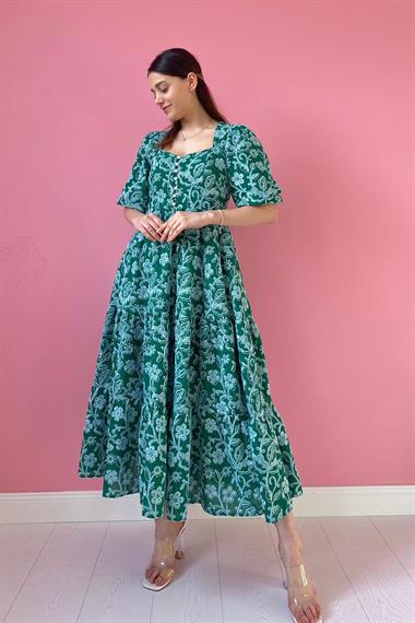 Toptan Yeşil Düğmeli Brode Elbise