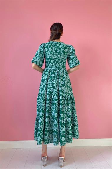 Toptan Yeşil Düğmeli Brode Elbise