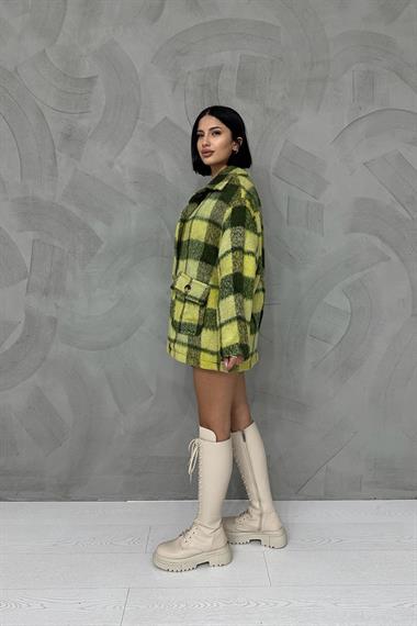 Toptan Yeşil Düğmeli Ekoseli Kadın Kaban