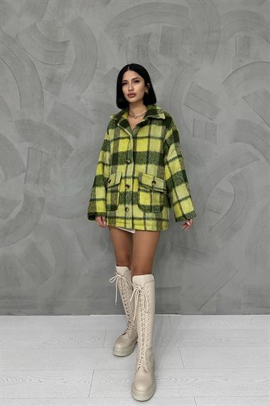 Toptan Yeşil Düğmeli Ekoseli Kadın Kaban