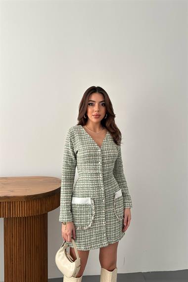 Toptan Yeşil Garnili Ekose Elbise