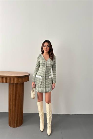 Toptan Yeşil Garnili Ekose Elbise