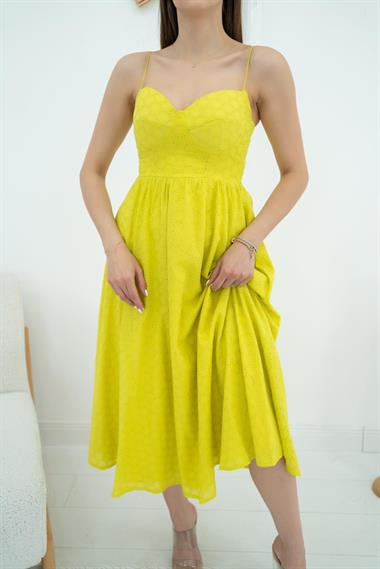 Toptan Yeşil Gloplu Brode Elbise