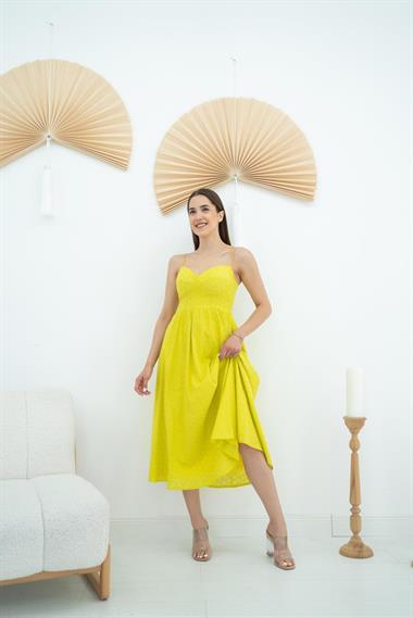 Toptan Yeşil Gloplu Brode Elbise