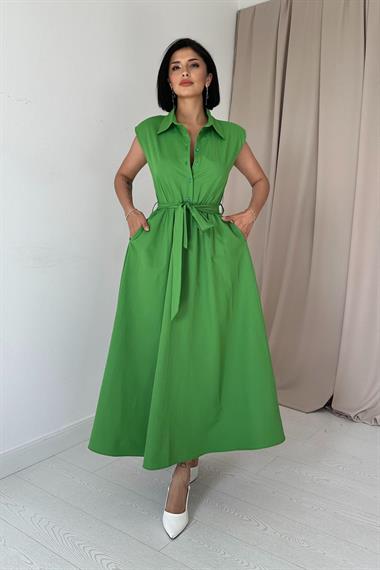 Toptan Yeşil Gömlek Yakalı Beli Lastikli Elbise