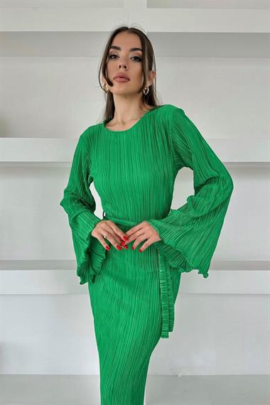 Toptan Yeşil İspanyol Kol Piliseli Elbise