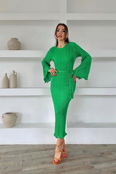Toptan Yeşil İspanyol Kol Piliseli Elbise