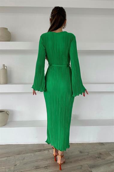 Toptan Yeşil İspanyol Kol Piliseli Elbise