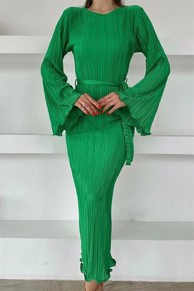 Toptan Yeşil İspanyol Kol Piliseli Elbise