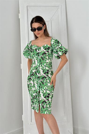 Toptan Yeşil Kalp Yaka Mini Elbise
