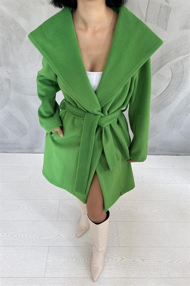 Toptan Yeşil Kapüşonlu Kuşaklı Kaban