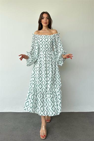 Toptan Yeşil Kare Yaka Diamond Desenli Elbise