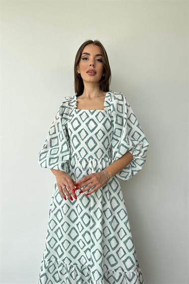 Toptan Yeşil Kare Yaka Diamond Desenli Elbise