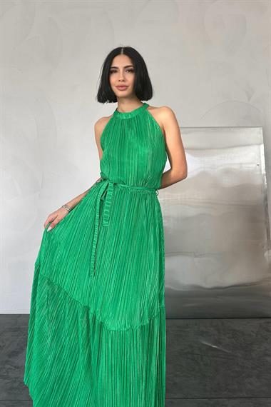 Toptan Yeşil Kat Kat Halter Yaka Elbise