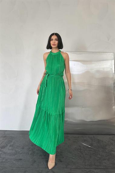 Toptan Yeşil Kat Kat Halter Yaka Elbise