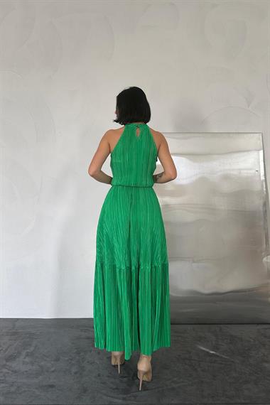Toptan Yeşil Kat Kat Halter Yaka Elbise
