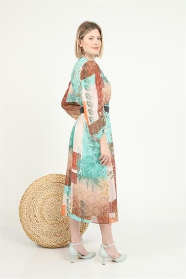 Toptan Yeşil Kemerli Elbise