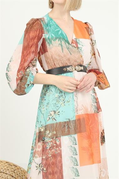 Toptan Yeşil Kemerli Elbise