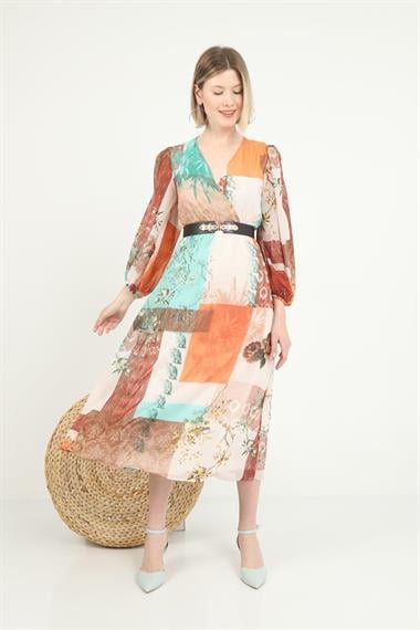 Toptan Yeşil Kemerli Elbise