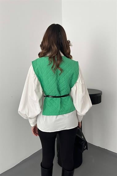 Toptan Yeşil Kemerli Gömlek ve Panço Takım