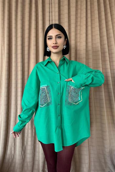 Toptan Yeşil Keten Çift Cep Baskılı Gömlek