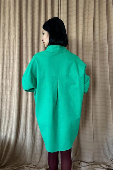 Toptan Yeşil Keten Çift Cep Baskılı Gömlek